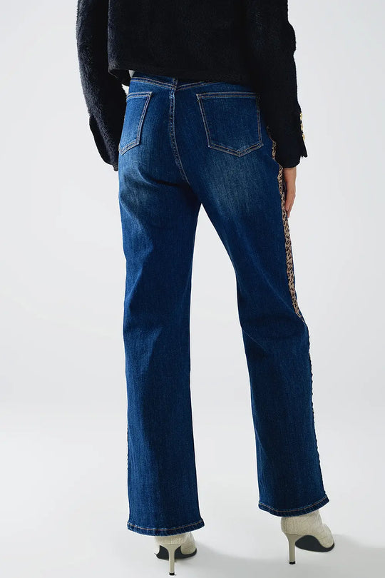 Wide Leg Jeans with Leopard Stripe on Side - Jeans