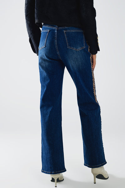 Wide Leg Jeans with leopard stripe on side