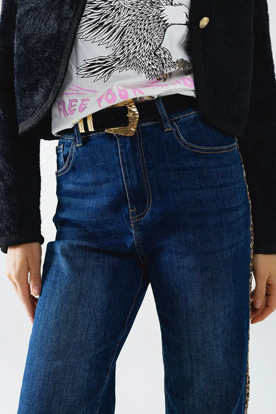 Wide Leg Jeans with leopard stripe on side - Jeans