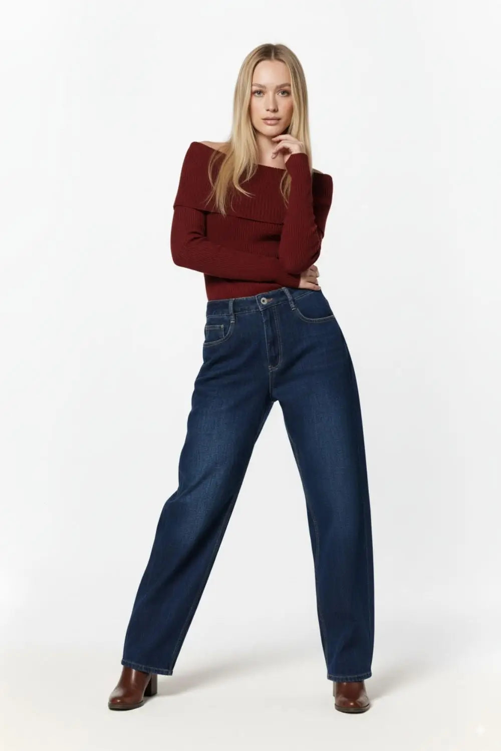Wide Leg Jeans With Side Dart Detail in Deep Blue - Jeans