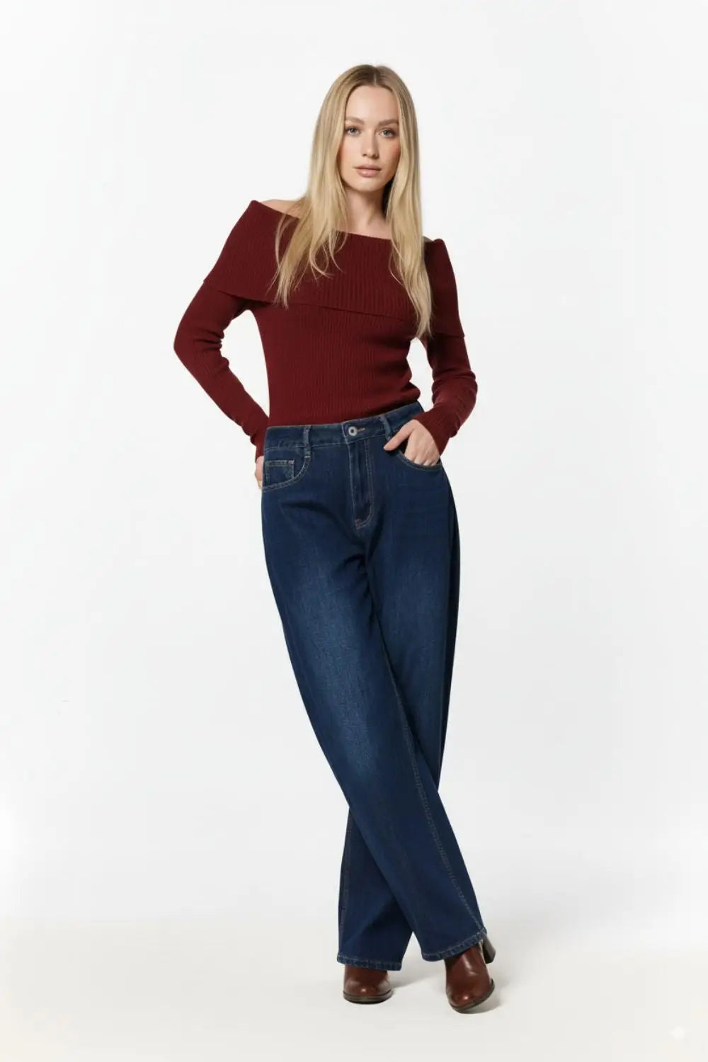 Wide Leg Jeans With Side Dart Detail in Deep Blue - Jeans
