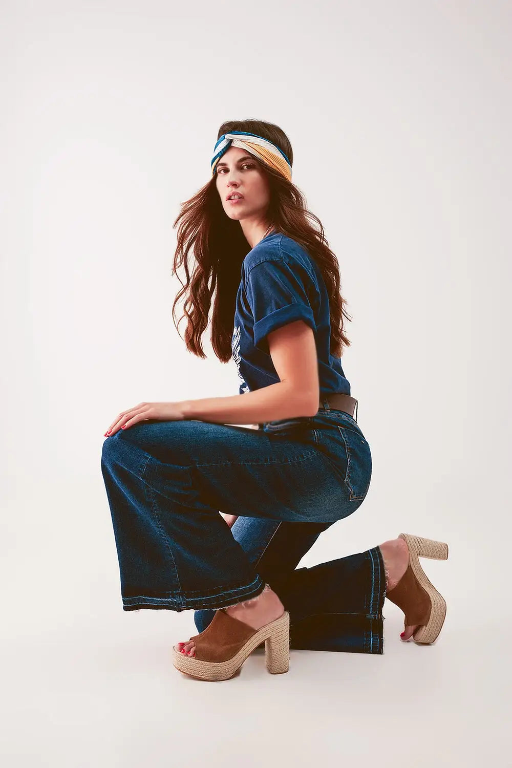 Q2 Wide leg palazzo jeans in medium blue