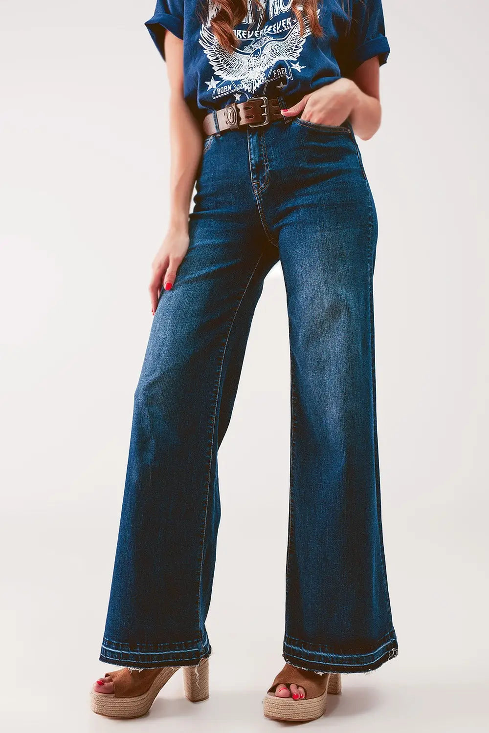 Wide Leg Palazzo Jeans in Medium Blue - Jeans