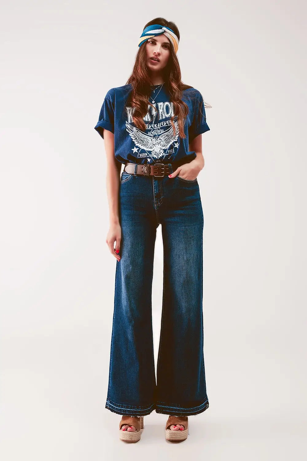 Wide Leg Palazzo Jeans in Medium Blue - Jeans