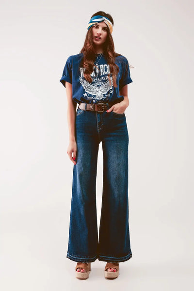 Wide Leg Palazzo Jeans in Medium Blue - Jeans