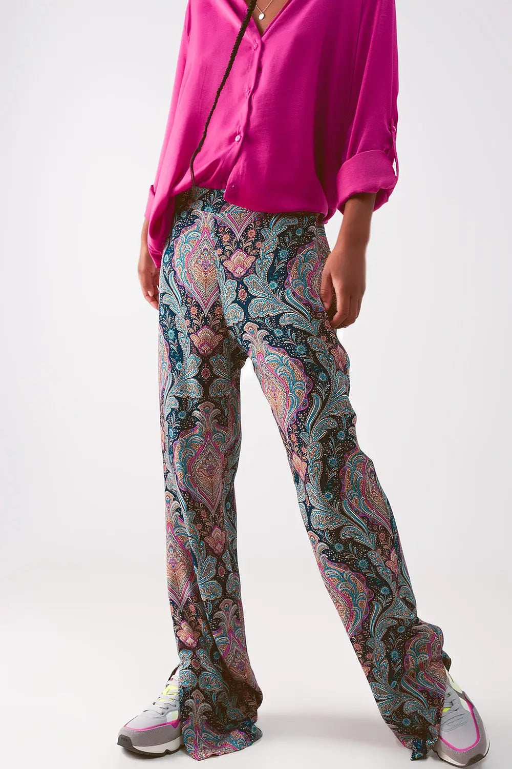 Wide leg pants in navy paisley print - Pants