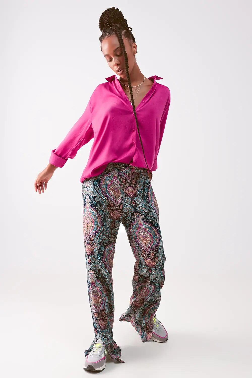 Wide leg pants in navy paisley print - Pants