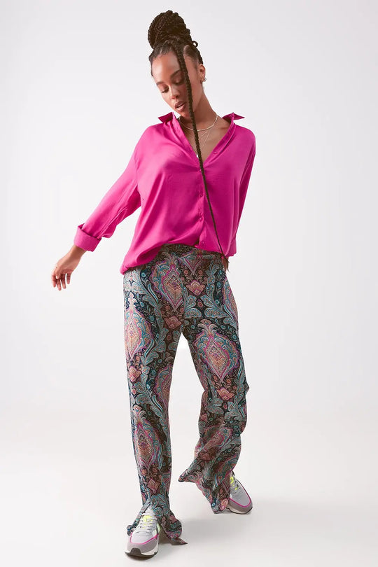 Wide leg pants in navy paisley print - Pants