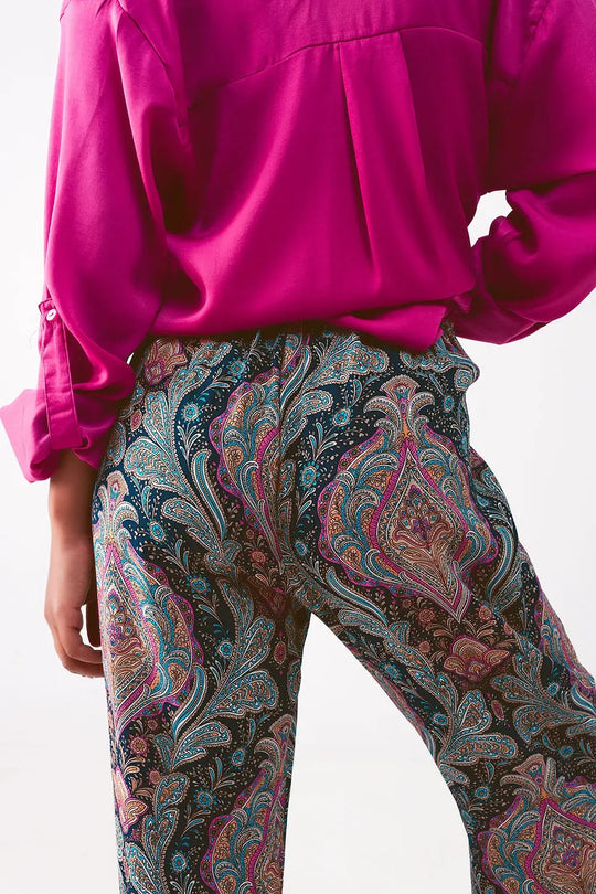 Wide leg pants in navy paisley print - Pants