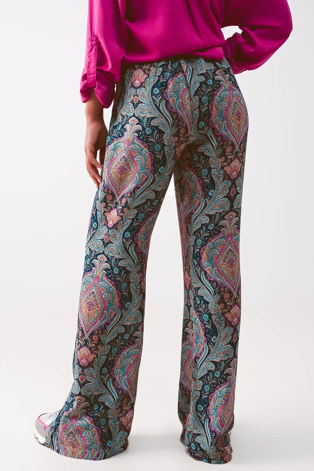 Wide leg pants in navy paisley print - Pants