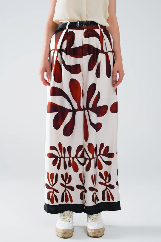Wide Leg Pants with Abstract Print in White and Brown - Pants