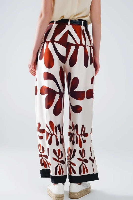 Wide Leg Pants with Abstract Print in White and Brown - Pants
