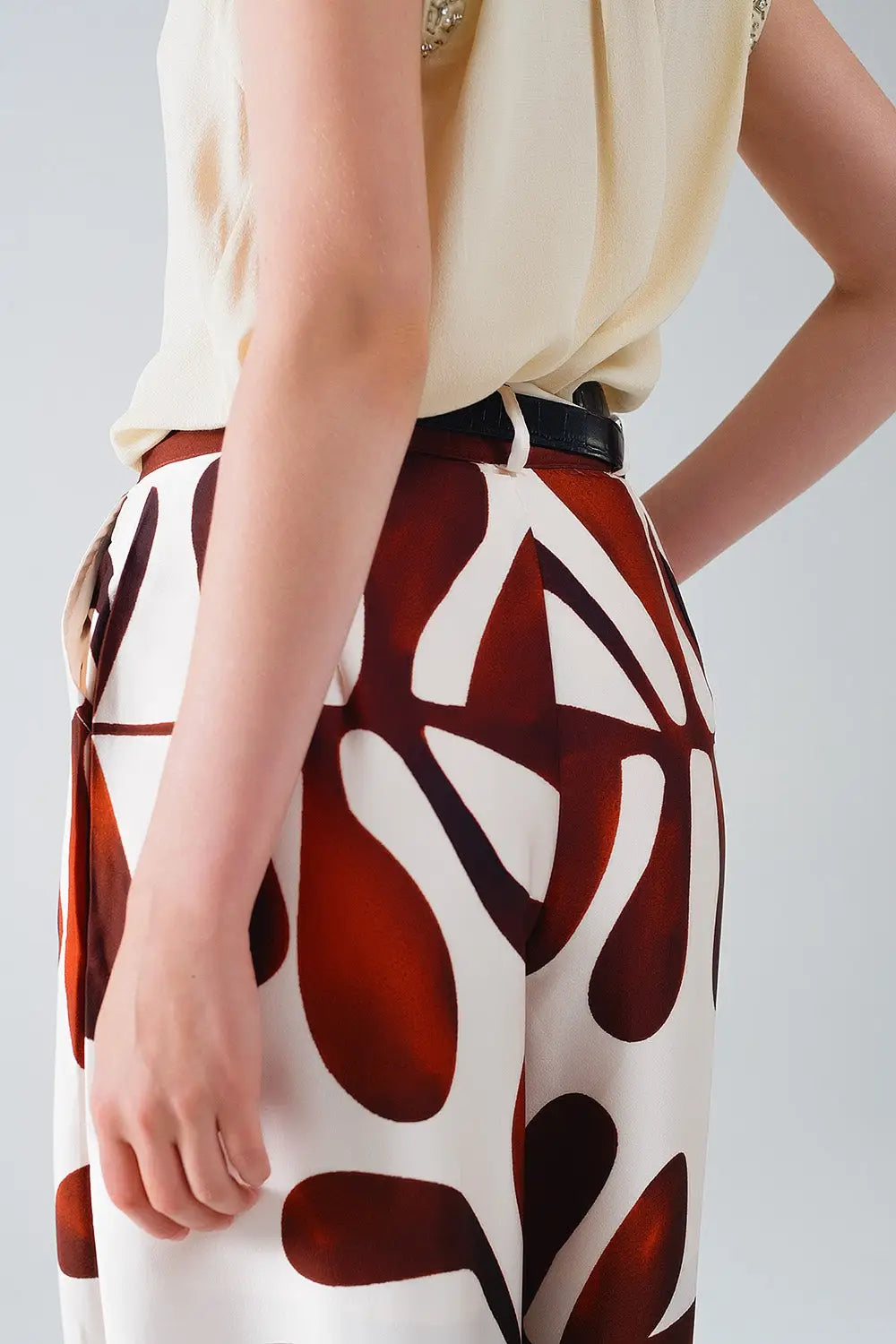 Wide Leg Pants with Abstract Print in White and Brown - Pants
