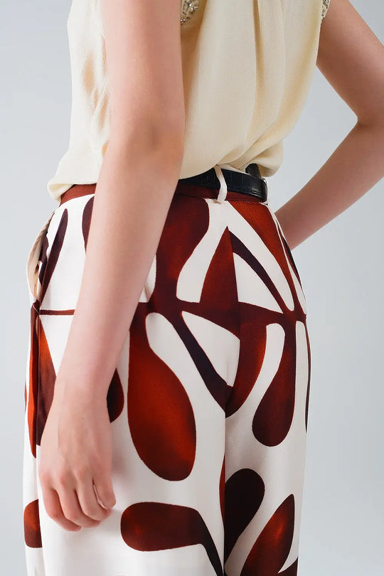 Wide Leg Pants with Abstract Print in White and Brown - Pants