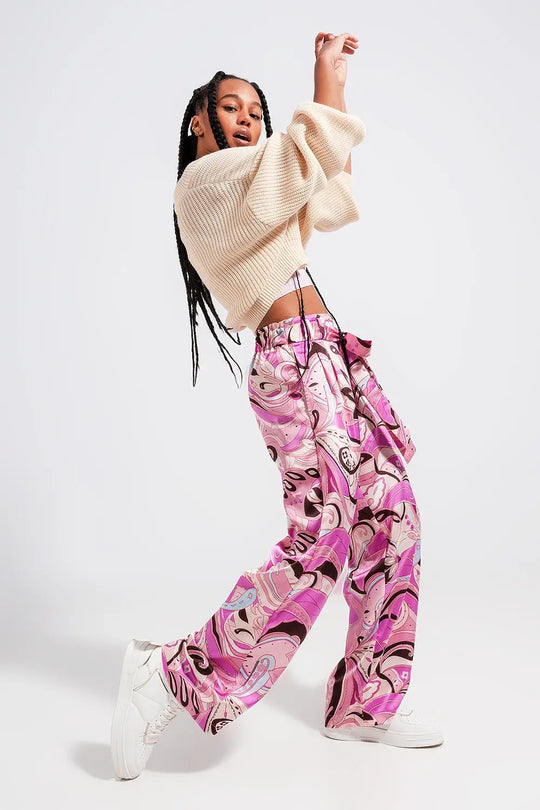 Wide leg pants with belt in pink - Pants
