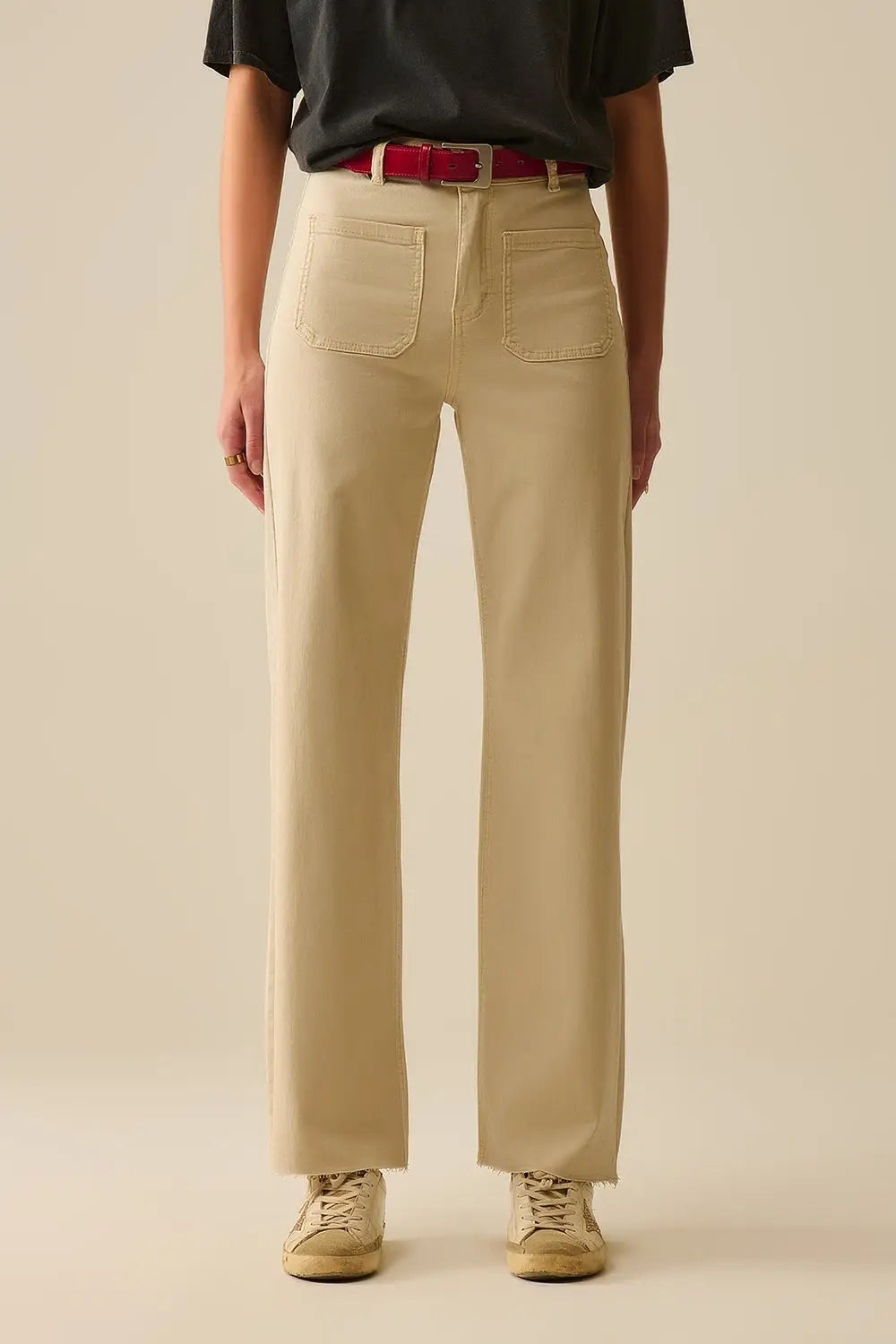 Q2 wide leg pants with front pockets in beige