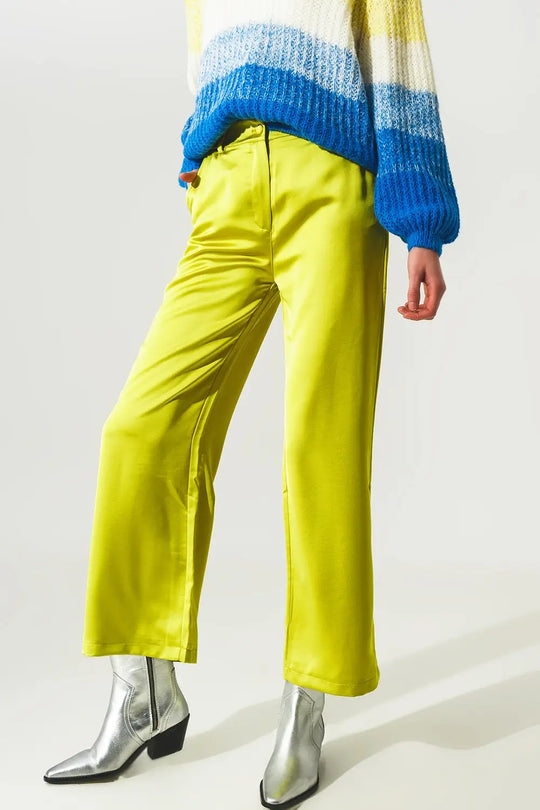 Wide leg satin pants in lime green - Pants