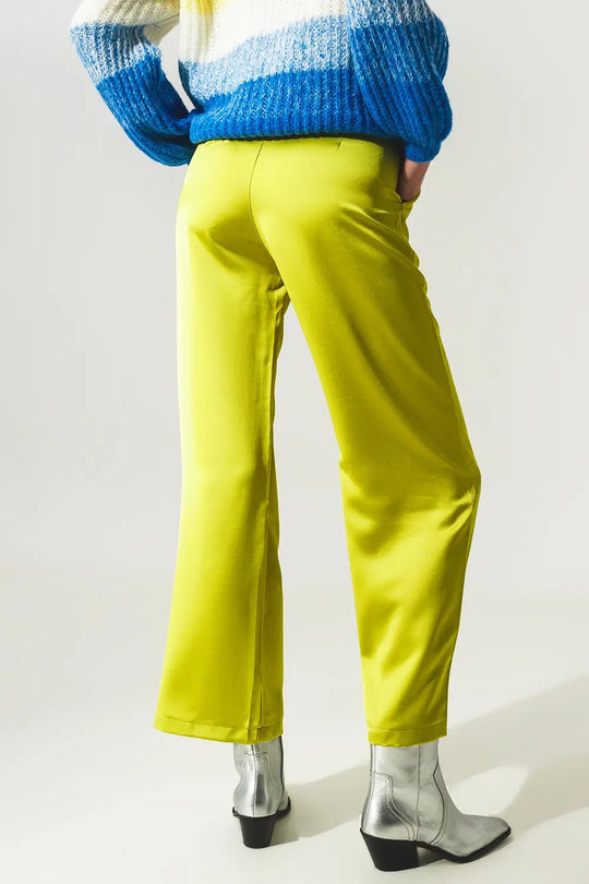 Wide leg satin pants in lime green - Pants