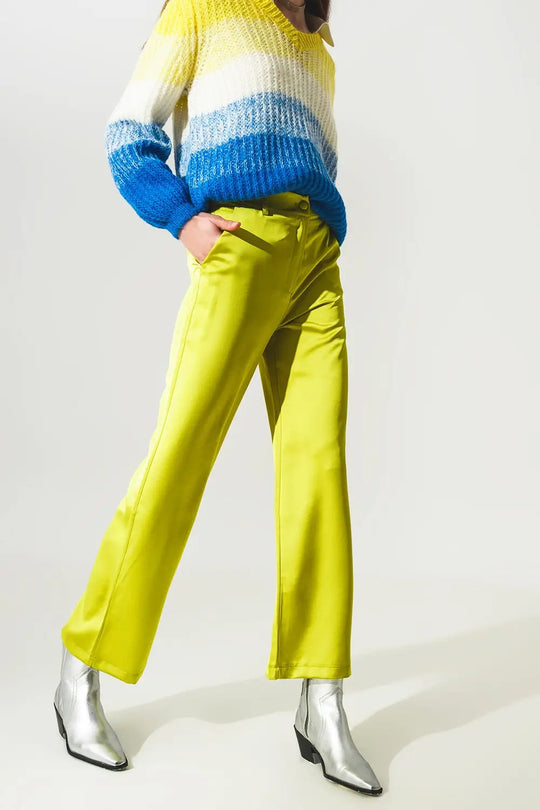 Wide leg satin pants in lime green - Pants