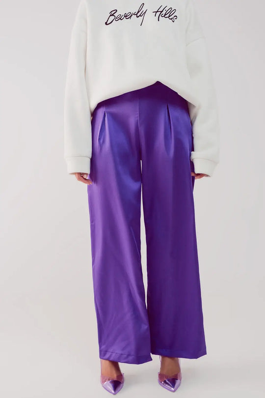 Wide leg satin pants in purple - Pants