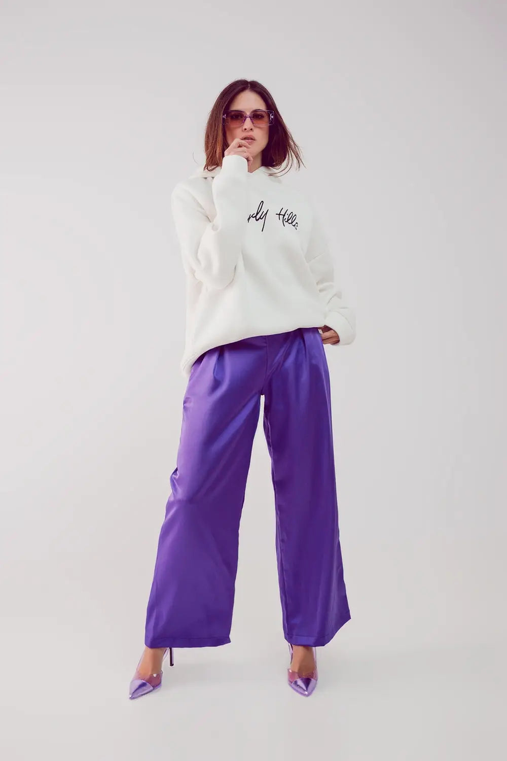 Wide leg satin pants in purple - Pants