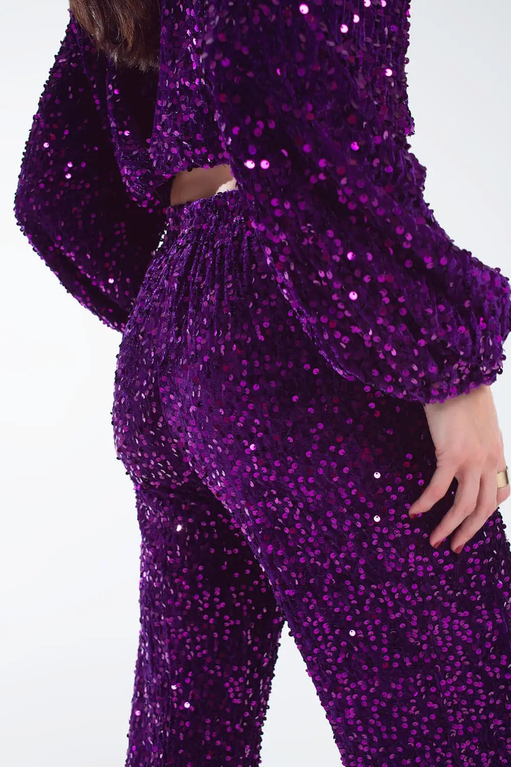Wide Leg Sequin Pants With Side Pockets In Purple - Pants