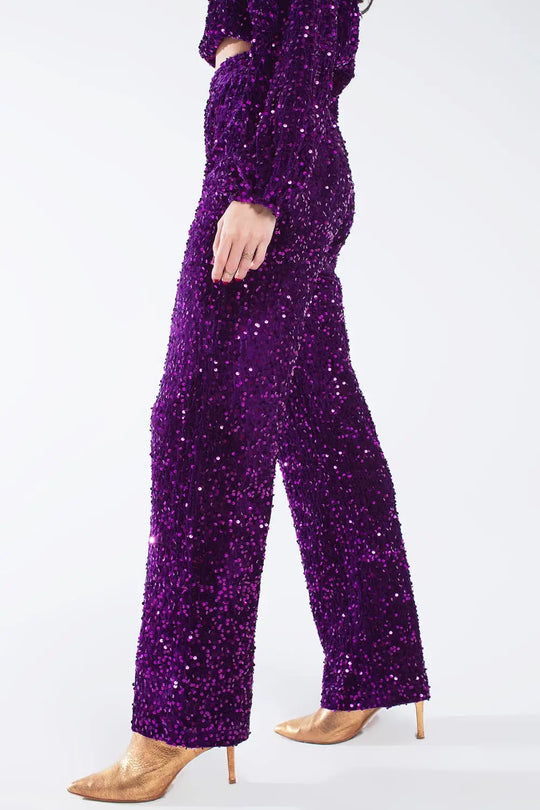 Wide Leg Sequin Pants With Side Pockets In Purple - Pants