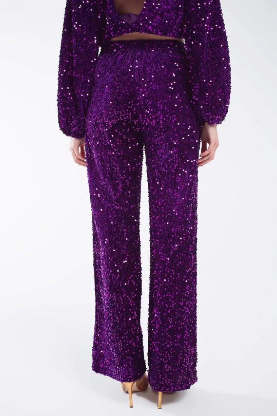 Wide Leg Sequin Pants With Side Pockets In Purple - Pants