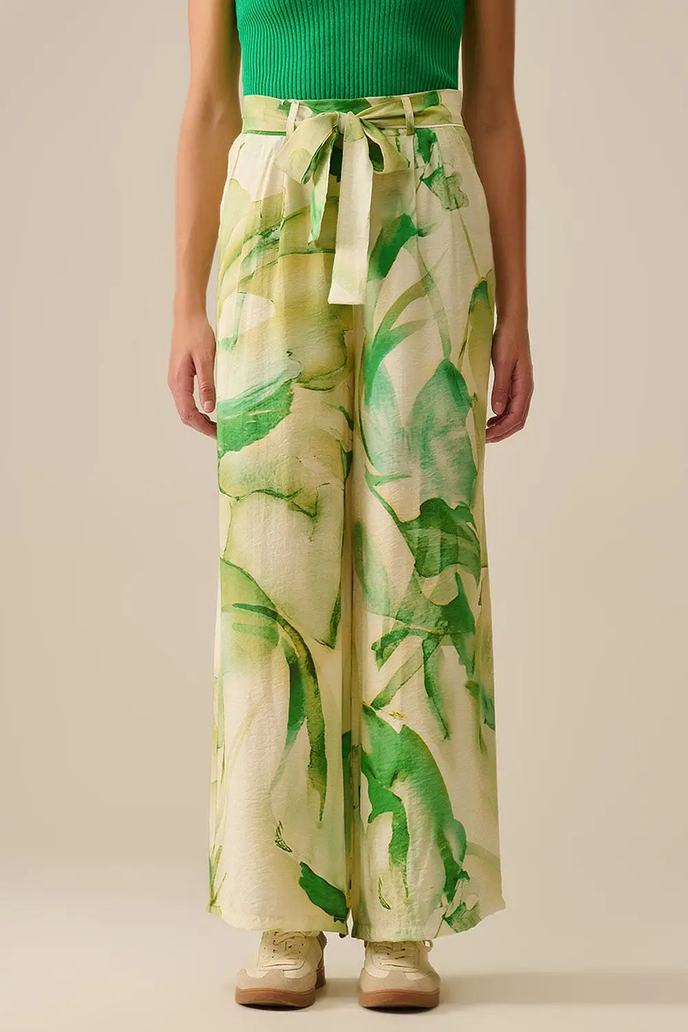Wide Leg Trousers with Green Watercolor Print - Pants