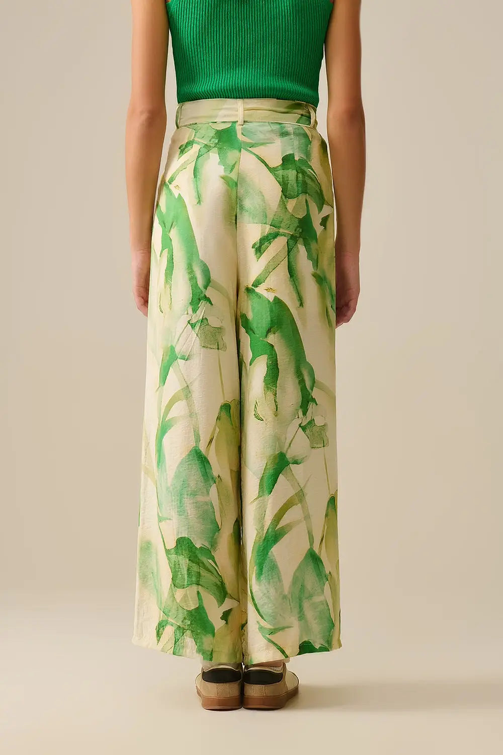 Wide Leg Trousers with Green Watercolor Print - Pants
