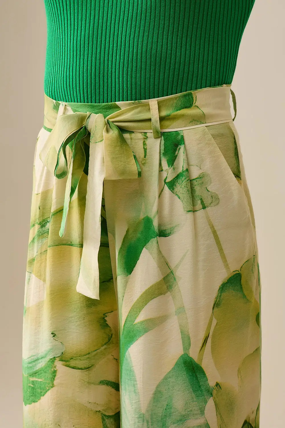 Wide Leg Trousers with Green Watercolor Print - Pants
