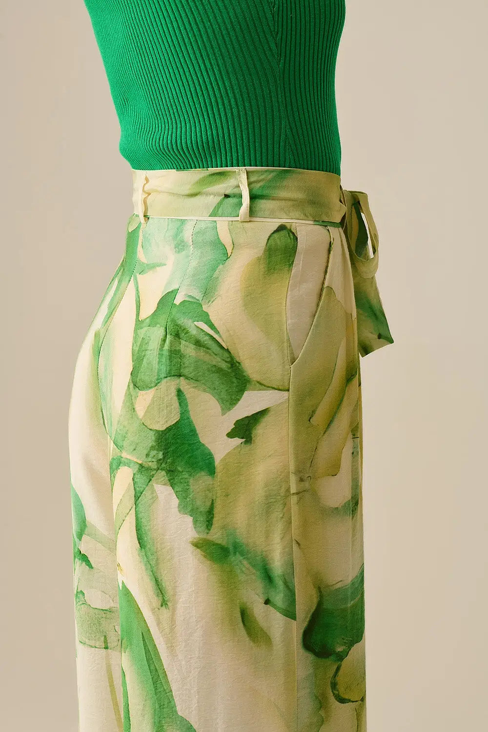 Wide Leg Trousers with Green Watercolor Print - Pants