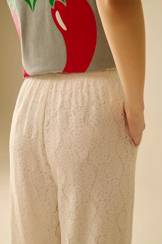 wide-legged lace pants with elastic waistband - Pants