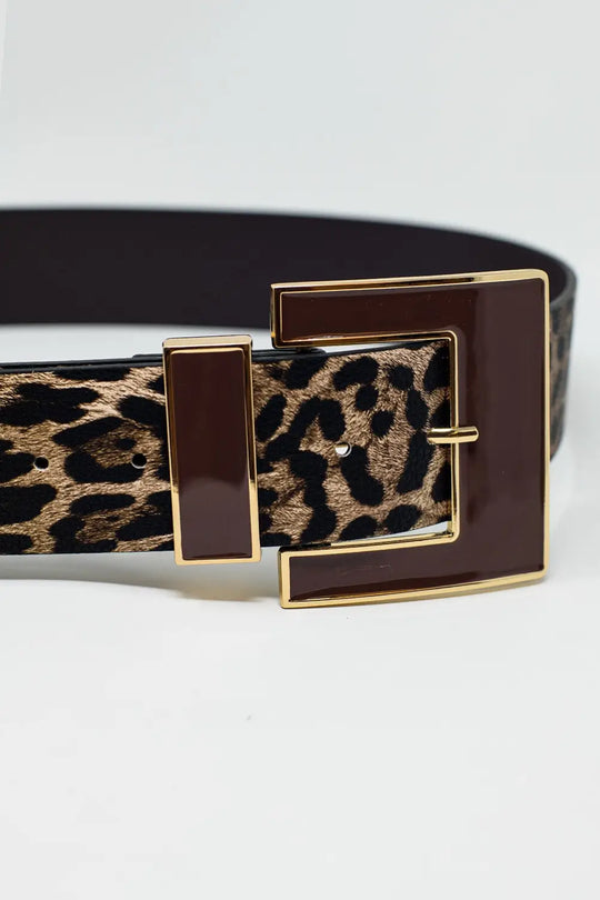 Wide leopard belt in dark brown with black square buckle - Accesory