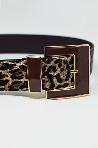 Wide leopard belt in dark brown with black square buckle