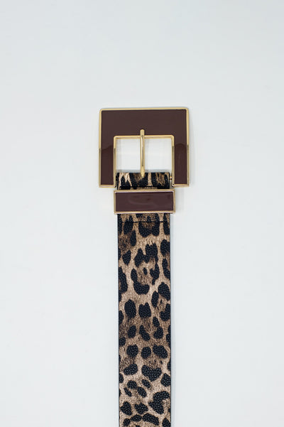 Wide leopard belt in dark brown with black square buckle