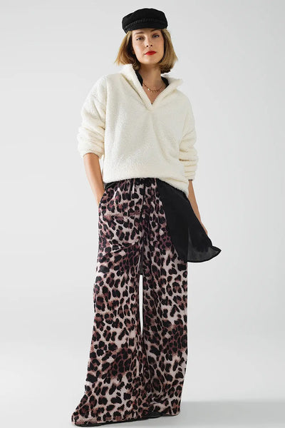 Wide Leopard Pants with Satin Side Stripe - Pants