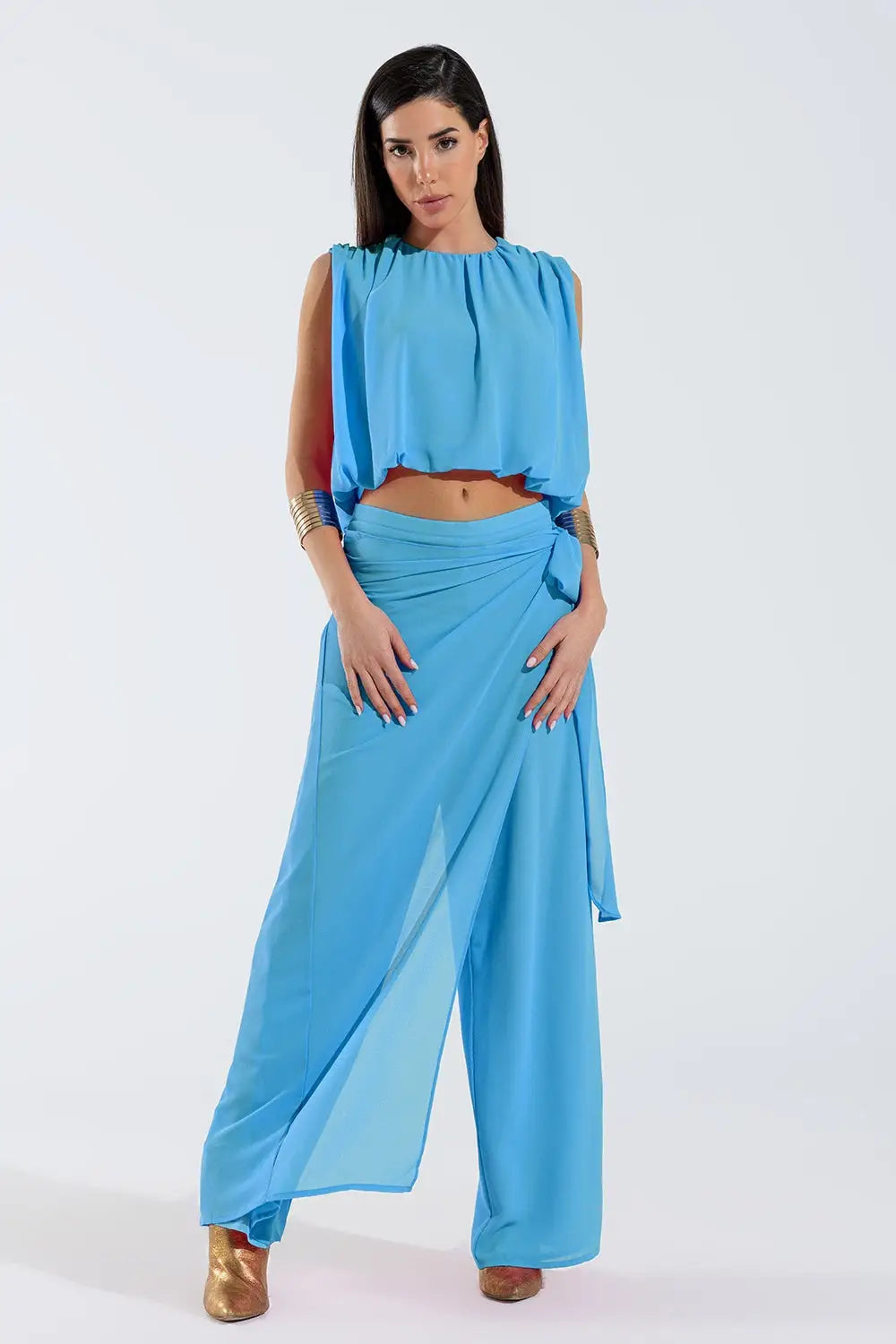 Wide Light blue Pants Overlay Skirt Tied At The Side - Pants
