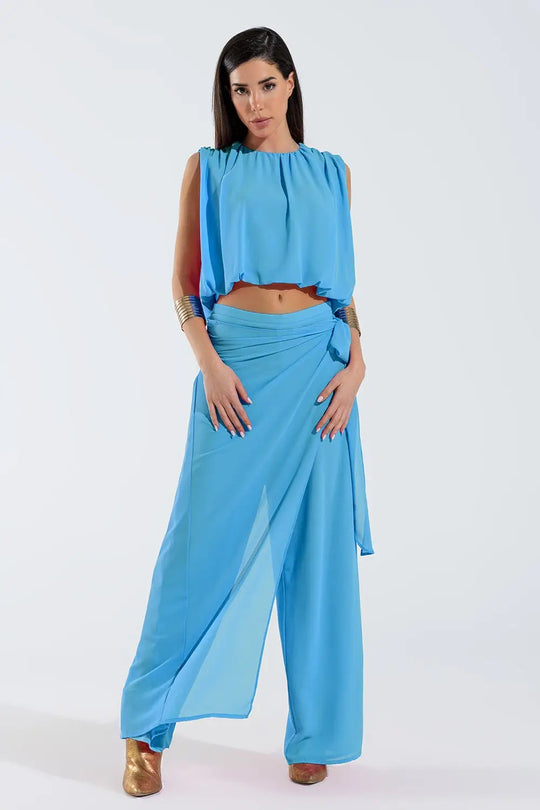 Wide Light blue Pants Overlay Skirt Tied At The Side - Pants