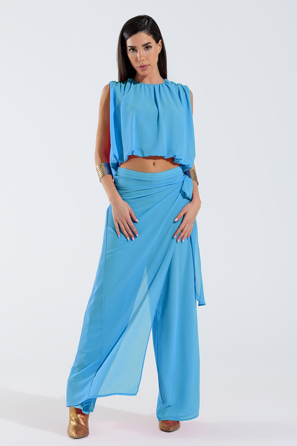 Wide Light blue Pants Overlay Skirt Tied At The Side