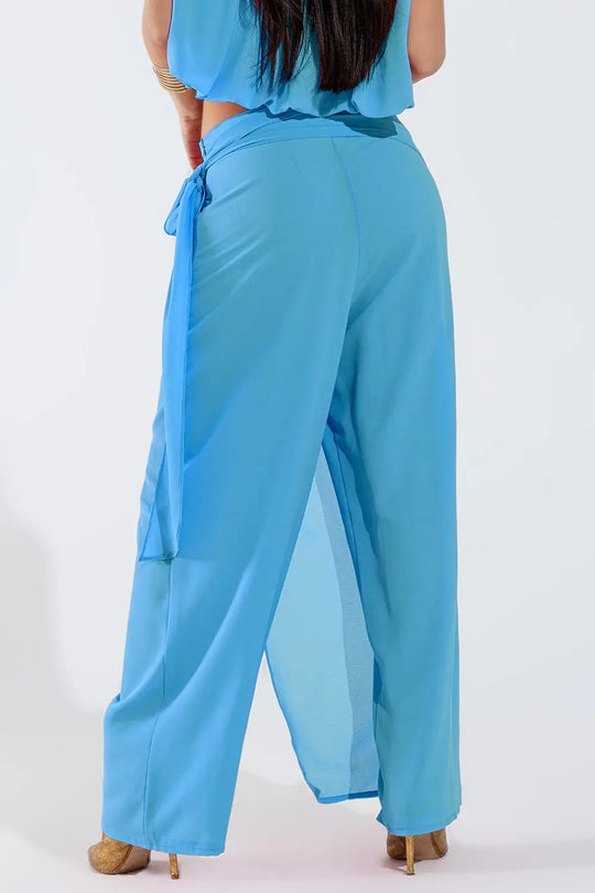 Wide Light blue Pants Overlay Skirt Tied At The Side - Pants