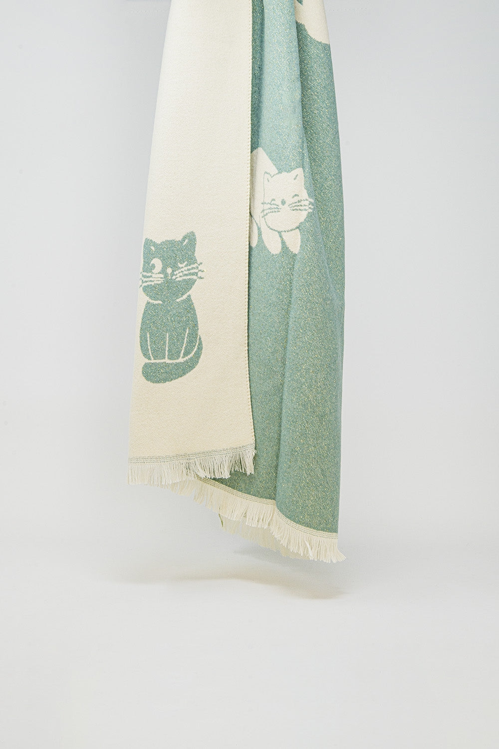 Q2 Wide scarf in aqua green with cat print