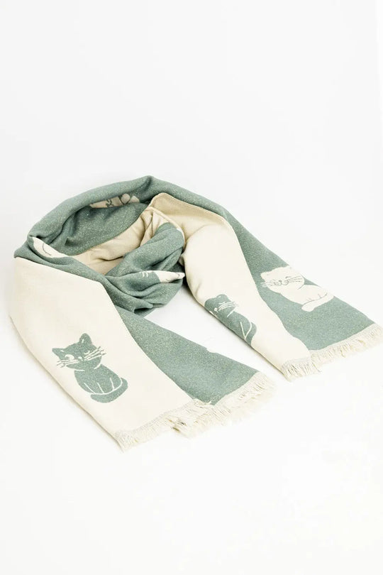 Wide scarf in aqua green with cat print - One Size / Green - Scarves &amp; Hats