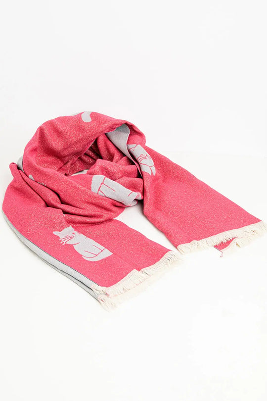 Wide soft knitted scarf in pink with cat print - One Size / Fuchsia - Scarves & Hats