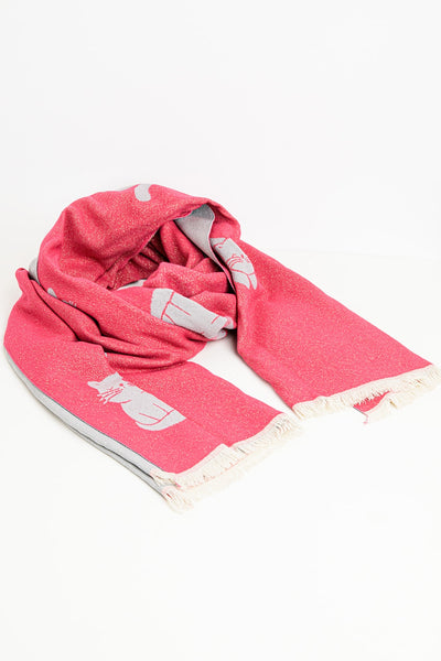 Wide soft knitted scarf in pink with cat print