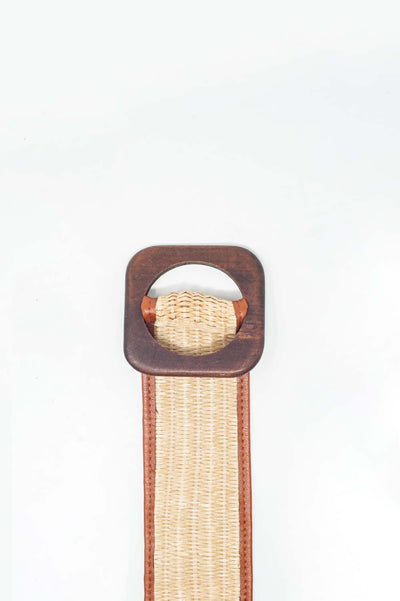 Wide square buckle waist belt in beige