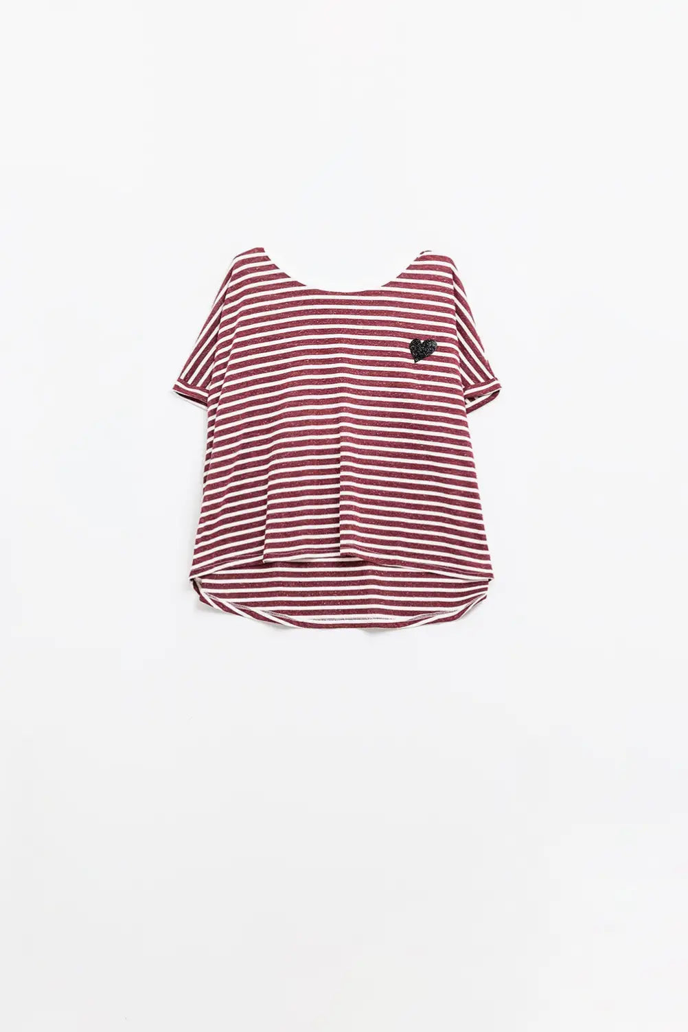 wide striped burgundy t-shirt with sequin heart decoration - One Size / Red - Tops
