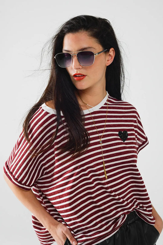 wide striped burgundy t-shirt with sequin heart decoration - One Size / Red - Tops