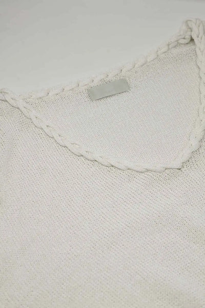 Wide V-neck cream Sweater With Braided Detail - One Size / Beige - Sweaters