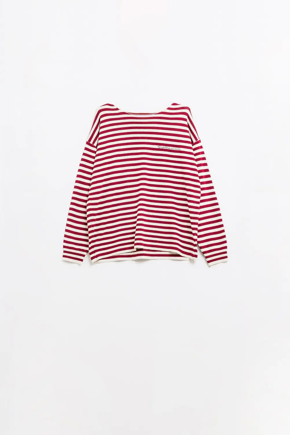 Q2 wine color striped fine knit sweater with boat neck